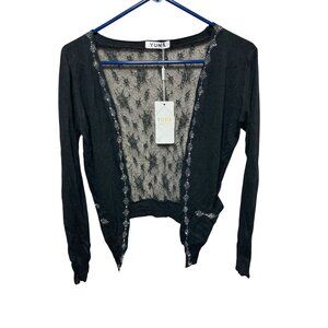 Yuna Womens Black Lace-Back Open Cardigan With Rhinestone Trim Lightweight Knit